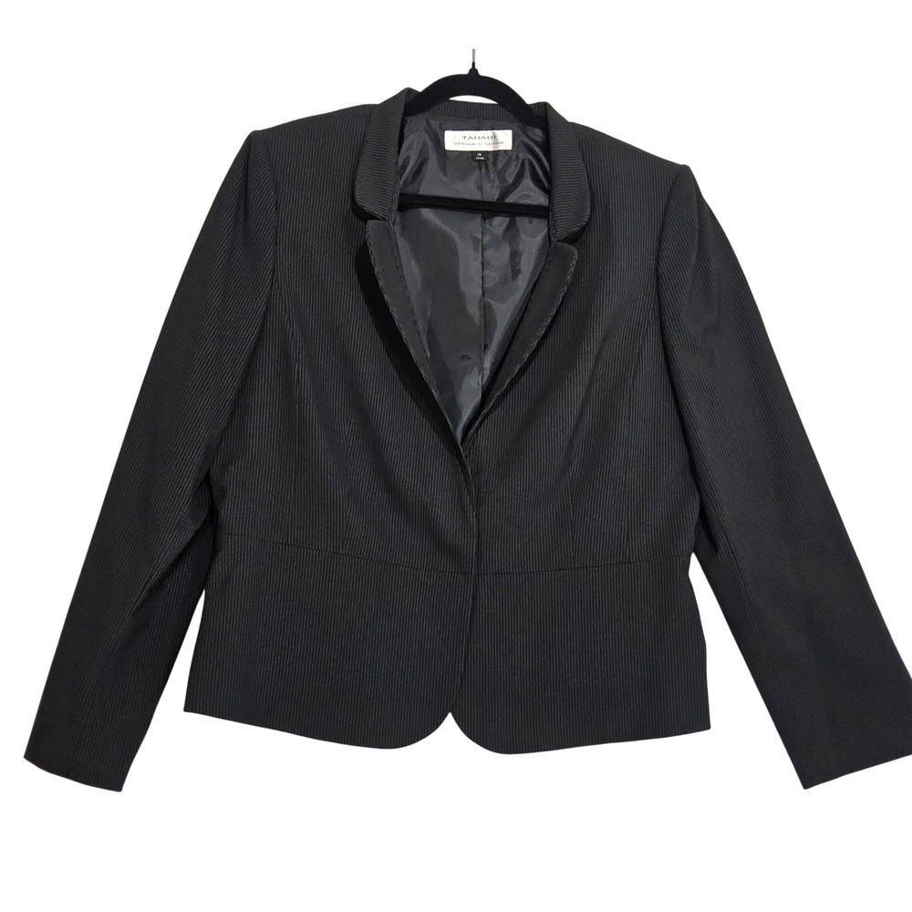 Tahari Blazer Women 16 Black Pinstripe Stretch Tailored Two Button Notched